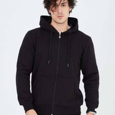 Tam Fermuarlı Kapşonlu  SweatShirt - Siyah -